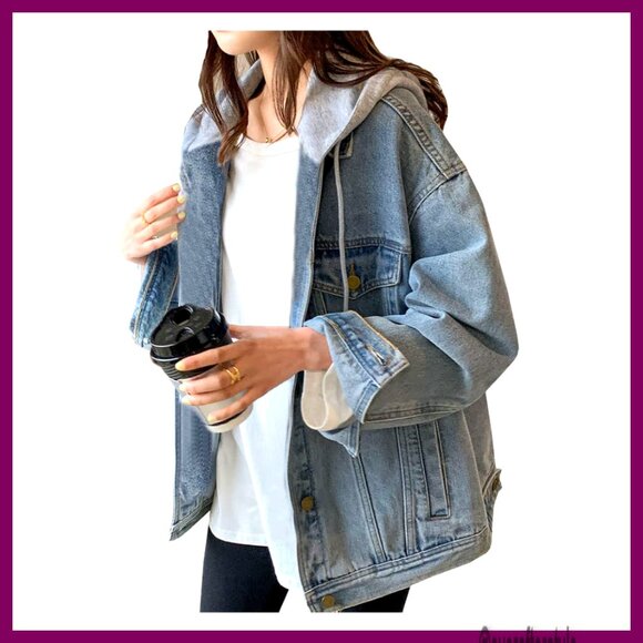 Oversized Distressed Denim Jacket with Hood Cropped Fit 3/4 Sleeves